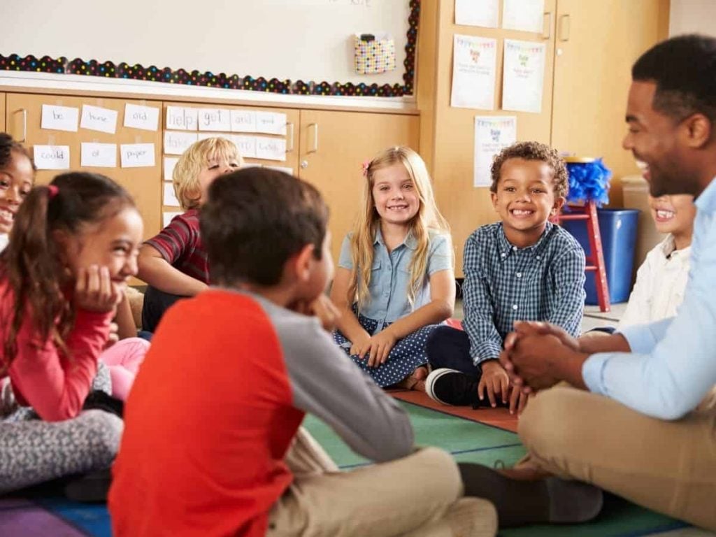 elementary school restorative circle with smiling kids