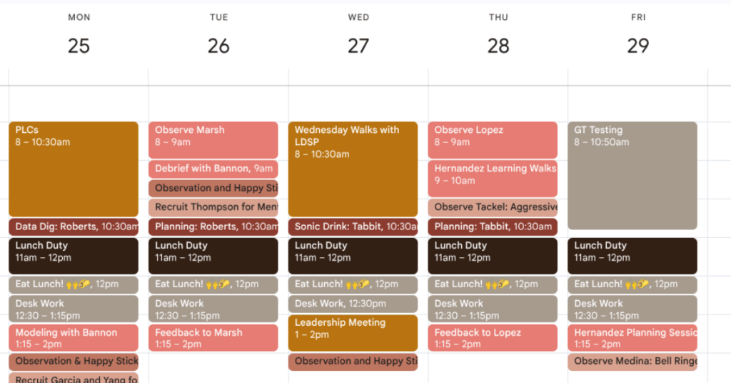 calendar image with shades of burgundy showing support for different teachers and color coded by quadrant